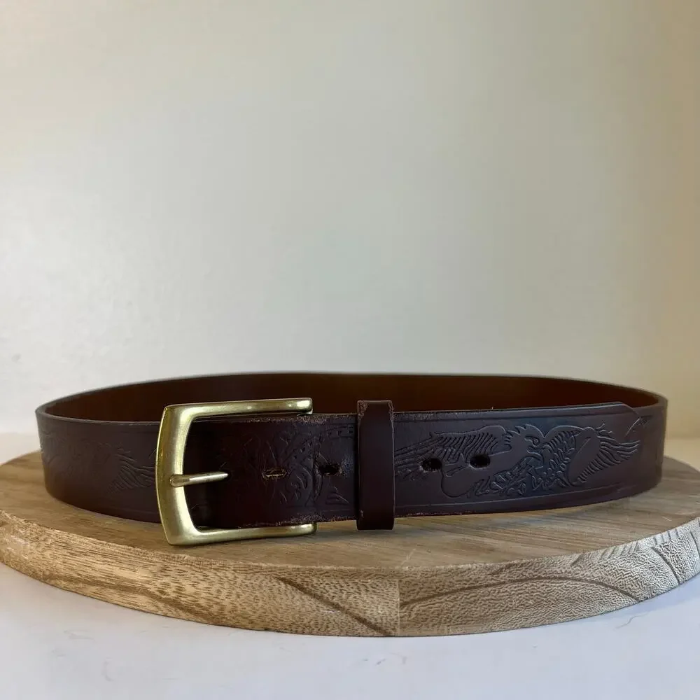 Wrangler Brown Genuine Leather Eagle Tooled Western Belt Unisex Size Large